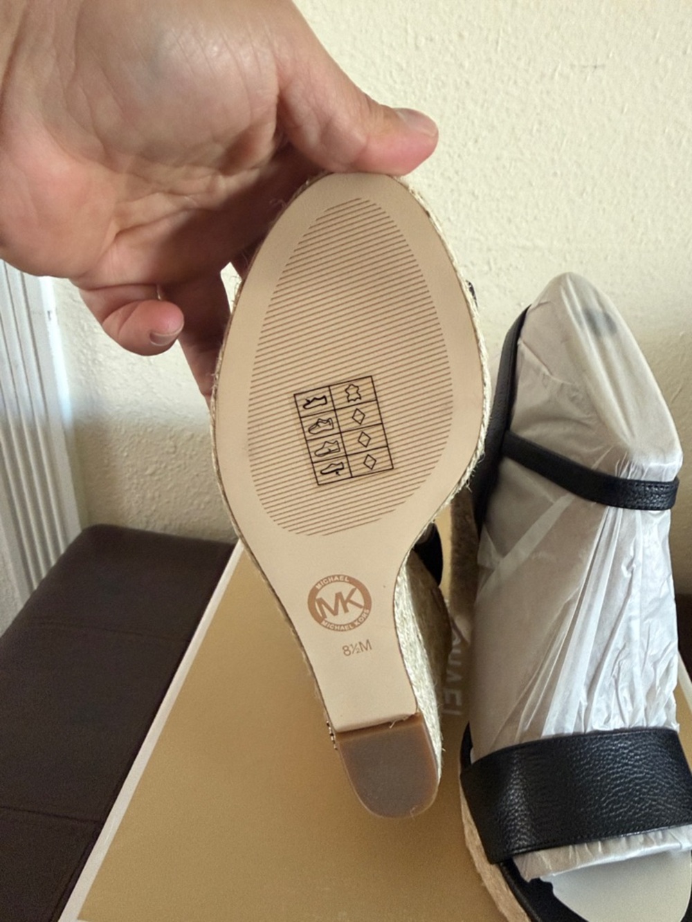 Michael Kors Black Leather Espadrille Wedge Sandals with Ankle Strap - Picture 3 of 10